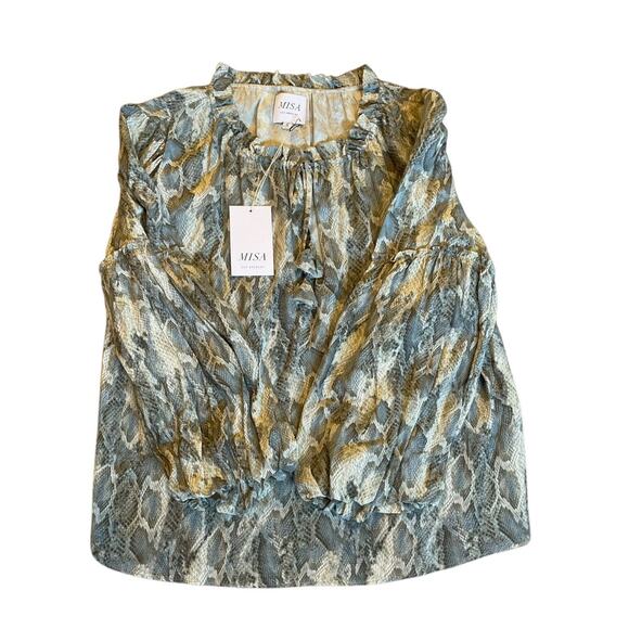 Revolve- Renata Snake-Print Chiffon Blouse Size S – Split Tie Neck, Long Sleeve - Picture 2 of 3